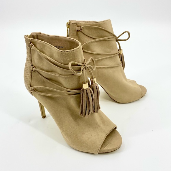 BEBE Benci High Heel Tassel Open Toe Nude Suede Ankle Bootie Size 9 - Picture 5 of 16
